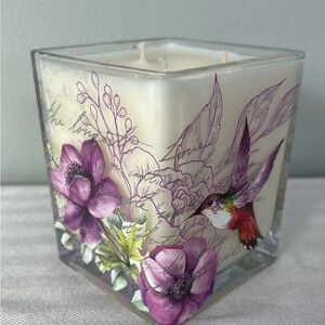 Handpoured Lilac & Mimosa scented candle in Floral Hummingbird Design